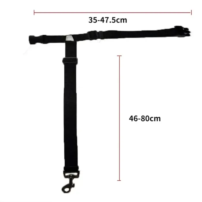 Solid Color Two-in-one Pet Car Seat Belt - a black adjustable pet seat belt featuring a buckle and swivel snap hook, with strap measurements of 35-47.5 cm across and 46-80 cm down.