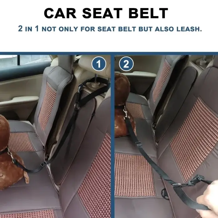 In two images, the Solid Color Two-in-one Pet Car Seat Belt Nylon Lead Leash Backseat Safety Belt Adjustable Dogs Harness Collar showcases its dual functionality: Image 1 features the seat belt secured to a car's backseat, while Image 2 demonstrates its use as a leash to secure a dog. This setup highlights the product's versatility for ensuring pet safety during car travel.