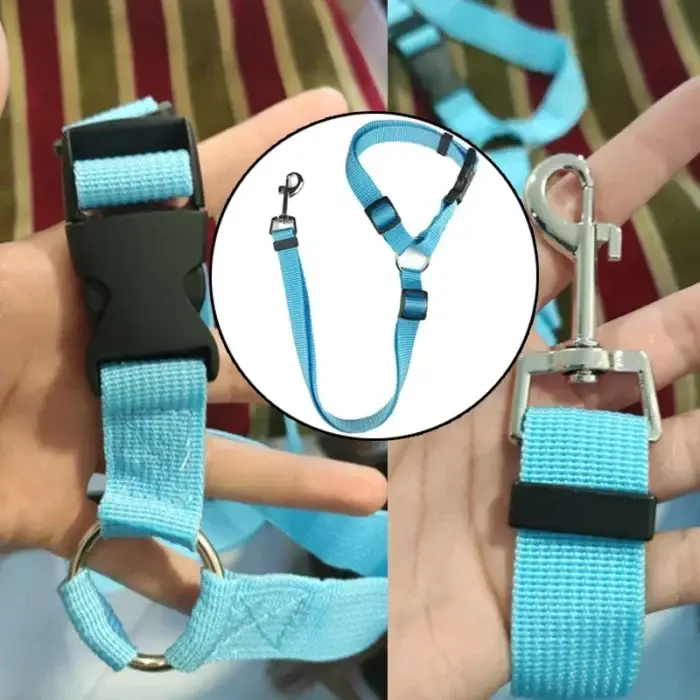 A collage featuring the Solid Color Two-in-one Pet Car Seat Belt Nylon Lead Leash. The first image showcases a hand holding part of the leash with a black plastic buckle and metal ring, while the second image highlights a metal clasp. A central circle emphasizes the complete design of this adjustable safety leash for pets.