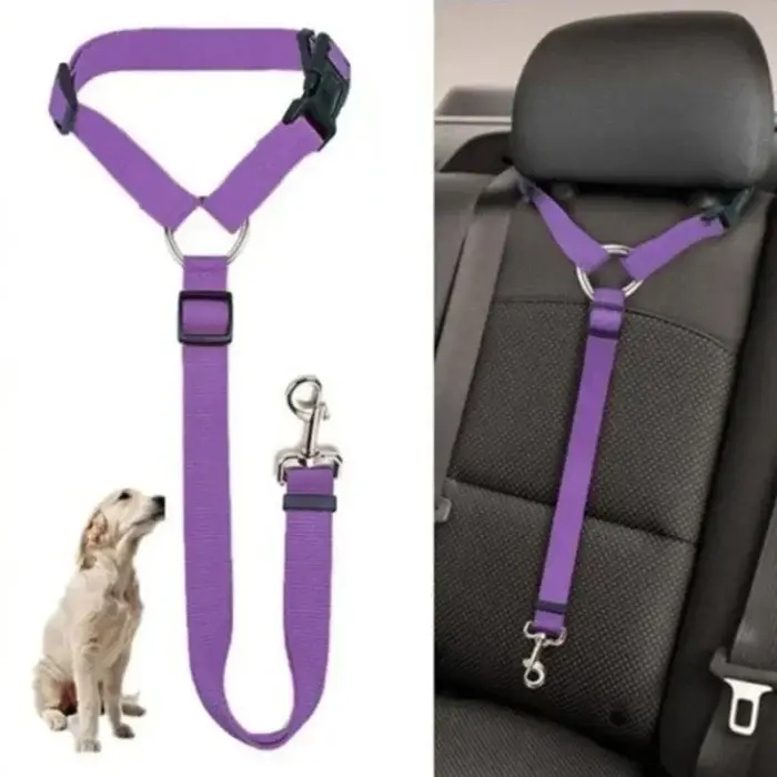 The image showcases the Solid Color Two-in-one Pet Car Seat Belt Adjustable Dogs Harness Collar in purple, connected to a car seat and a small white dog. This demonstrates its function in safely securing pets while traveling.