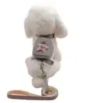 A fluffy white dog, with its back to the camera, is wearing a gray harness and leash set from the Dog Traction Rope Adjustable Pet Knapsack collection. The harness includes a small backpack adorned with a pink star featuring the word "love." The accompanying leash is beige and neatly coiled on the ground.